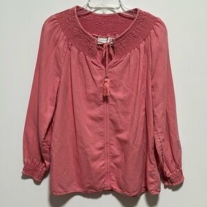 Rachel Zoe Rose Pink Linen Cotton
Smocked Tassel long sleeve casual Pullover Top